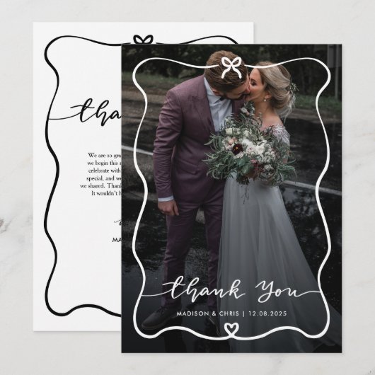 Vielen Dank Script Wedding Foto Niedlich Bow Heart Dankeskarte (Vorne/Hinten)