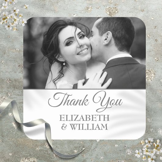 Vielen Dank Script Wedding Foto Silver Gefallen Quadratischer Aufkleber