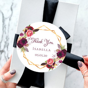 Vielen Dank, Sie Aquarellblumen bordeauxrotes Gold Runder Aufkleber