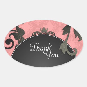 Vielen Dank Siegel - Black & Coral Damask Wedding Ovaler Aufkleber