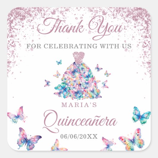 Vielen Dank Sparkling Schmetterlinge Gown Quincean Quadratischer Aufkleber (Vorderseite)