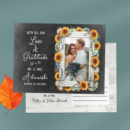 Vielen Dank Sunflower Pumpkin Fall Chalkboard Foto Postkarte