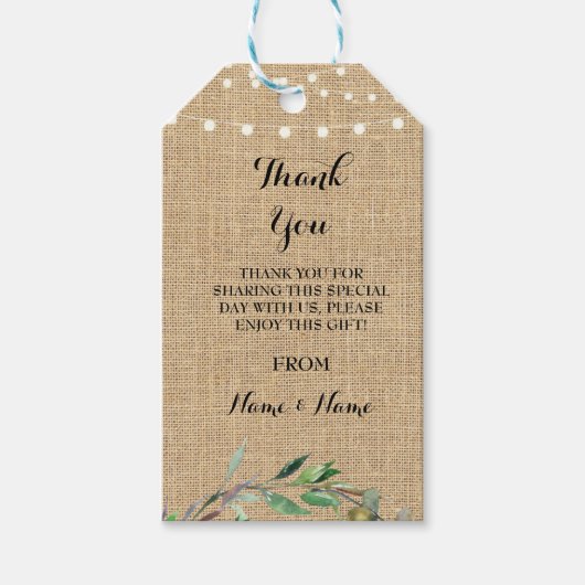 Vielen Dank Tag Floral in Liebe Lights Burlap Wedd Geschenkanhänger (Vorderseite)