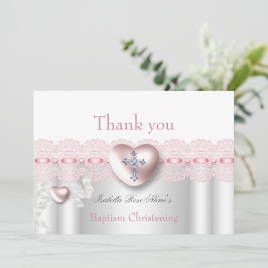 Vielen Dank Taufe Pink Silver Foto Herzkreuz Dankeskarte (Stehend Vorderseite)