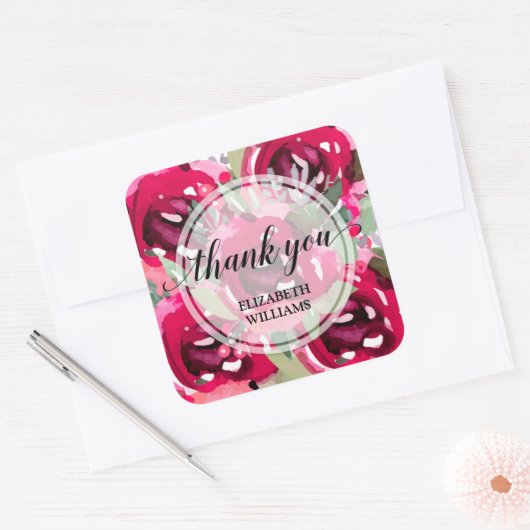 Vielen Dank! Text Watercolor Blume Quadratischer Aufkleber (Umschlag)