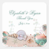 Vielen Dank, Tropical Island Beach Wedding Seashel Quadratischer Aufkleber (Vorderseite)