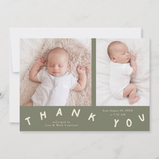 Vielen Dank Typografie Sage Green Birth Foto Ankündigung (Vorderseite)