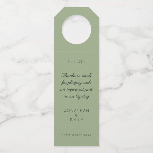 Vielen Dank Typografie Sage Green Name Wedding Flaschenanhänger (Vorderseite)