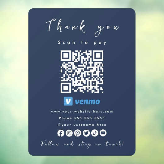 Vielen Dank Venmo QR Code Scan zu zahlen Navy Blue Fensteraufkleber (Blatt 3)
