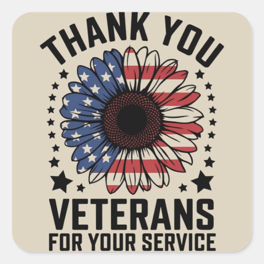 Vielen Dank Veteranen Sunflower Militär Tag Quadratischer Aufkleber (Vorderseite)