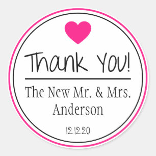 Vielen Dank vom neuen Herrn & Mrs. (Heiß rosa/schw Runder Aufkleber
