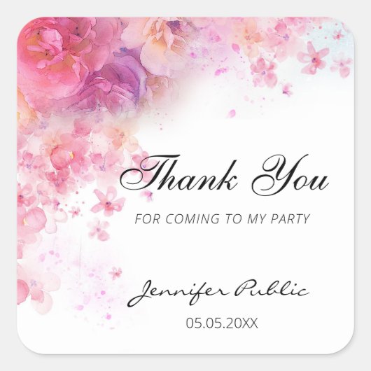 Vielen Dank Wasserfarben Blume Handschrift Vorlage Quadratischer Aufkleber (Vorderseite)