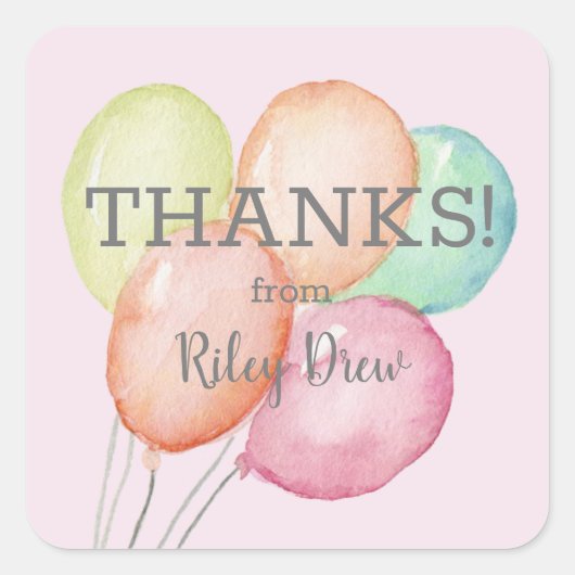 Vielen Dank, Watercolor Balloons Pink Quadratischer Aufkleber (Vorderseite)