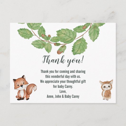 Vielen Dank Watercolor Woodland Tiere Postkarte (Vorderseite)