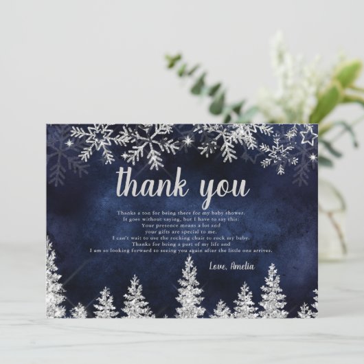 Vielen Dank Winter Silber Pinienbrunnen Babydusche Dankeskarte (Stehend Vorderseite)