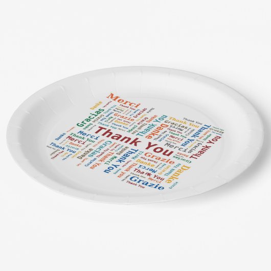 Vielen Dank Word Cloud - 5 Sprachen - Multicfarbig Pappteller (Schrägansicht)