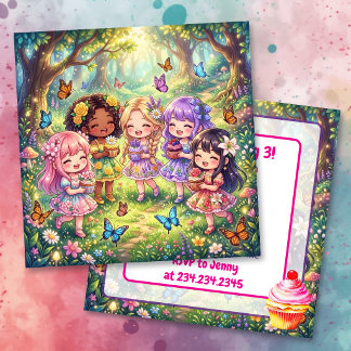Vielfältige Chibi-Mädchen mit Cupcakes Geburtstags Einladung
