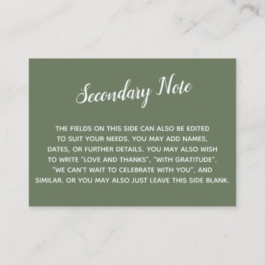 Vielseitiges individuelles DIY Wedding Olive Green Begleitkarte (Rückseite)