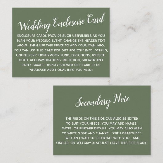 Vielseitiges individuelles DIY Wedding Olive Green Begleitkarte (Vorne/Hinten)