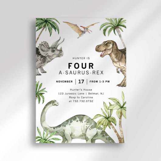 Vier A-Saurus-Rex Dinosaurier Einladung zum Geburt