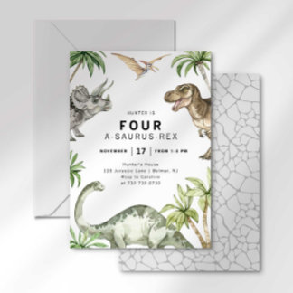 Vier A-Saurus-Rex-Dinosaurier-Geburtstagseinladung Einladung