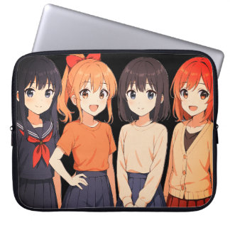 Vier Anime-Mädchen, gekleidet für den Rückweg zur Laptopschutzhülle