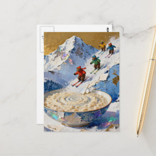 vier Bären fahren Ski einen Berg hinunter zu einer Postkarte