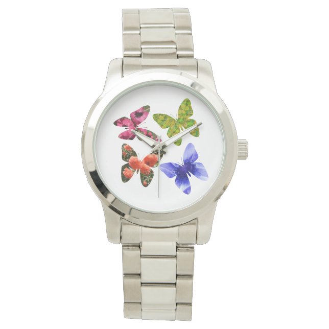 Vier Blume Schmetterlinge, große Unisex Armbanduhr (Vorderseite)