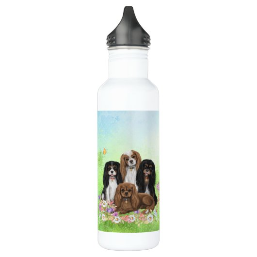 Vier Cavalier-Spaniels in Blume Edelstahl Edelstahlflasche (Links)