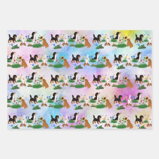 Vier Cavalier-Spaniels in einem Bereich von Blume Geschenkpapier Set (Vorderseite 2)
