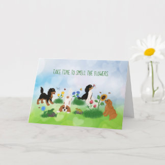 Vier Cavalier-Spaniels in einem Bereich von Blume Karte