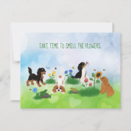 Vier Cavalier-Spaniels in einem Bereich von Blume Postkarte