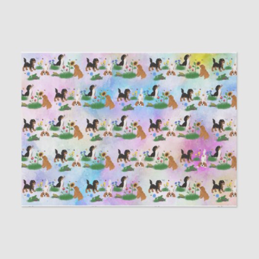 Vier Cavalier-Spaniels in einem Bereich von Blume Seidenpapier (Vorderseite)