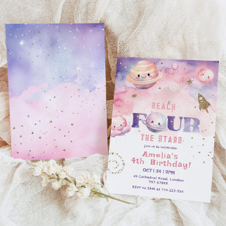 Vier der Sterne Girl Space Geburtstag Einladung