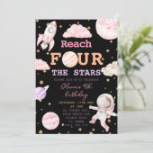 Vier der Sterne Mädchen schwarze Space 4. Geburtst Einladung (Stehend Vorderseite)