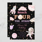 Vier der Sterne Mädchen schwarze Space 4. Geburtst Einladung (Vorne/Hinten)