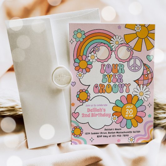 Vier Ever Groovy 70er Blume Power Rainbow Birthday Einladung