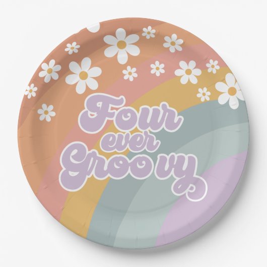 Vier Ever Groovy Retro Regenbogen Pappteller (Vorderseite)