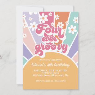 Vier Ever Groovy Retro Sonnenschein Regenbogen Gän Einladung