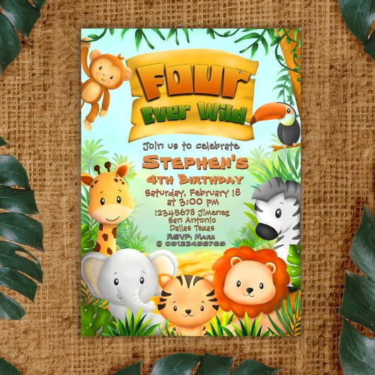 Vier Ever Wild Safari Geburtstag Einladung