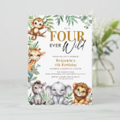 Vier Ever Wild Safari Jungle Tiere 4. Geburtstag Einladung (Stehend Vorderseite)