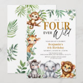 Vier Ever Wild Safari Jungle Tiere 4. Geburtstag Einladung (Vorne/Hinten)