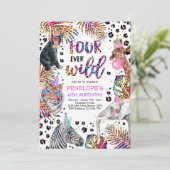 Vier Ever Wild Safari Regenbogen Cheetah 4. Geburt Einladung (Stehend Vorderseite)