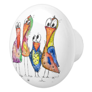 Vier farbenfrohe Whimsical Birds Keramikknauf