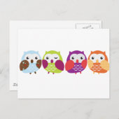 Vier farbige Eulen Postkarte (Vorne/Hinten)