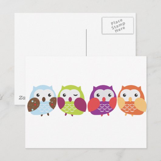 Vier farbige Eulen Postkarte (Vorne/Hinten)