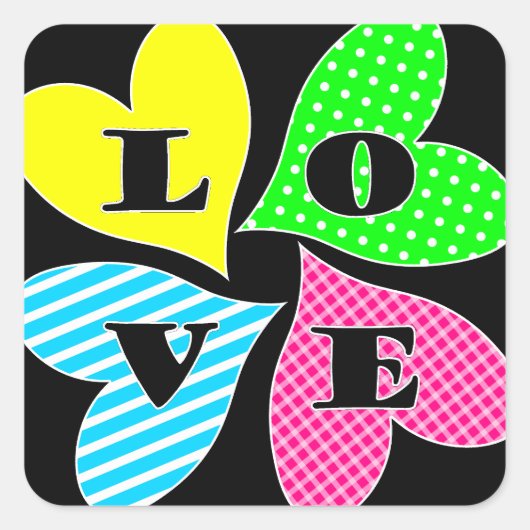 Vier farbige Herzen Quadratischer Aufkleber (Vorderseite)