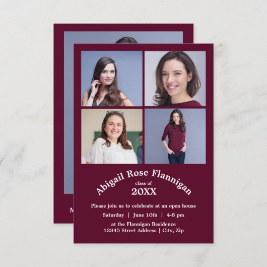 Vier Fotos Collage Burgundy- 3x5 Graduierung Einladung (Vorne/Hinten)