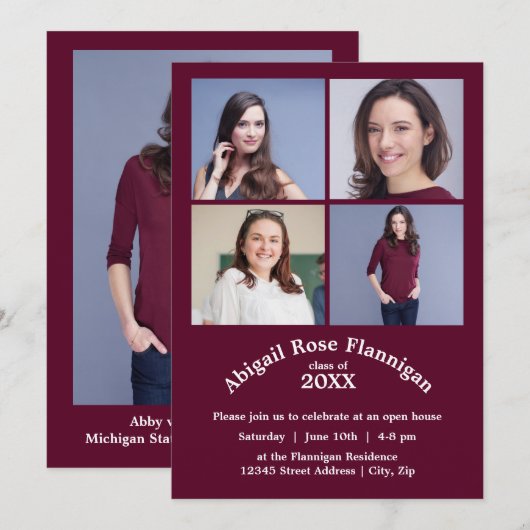 Vier Fotos Collage Burgundy-Grad-Ankündigung Einladung (Vorne/Hinten)