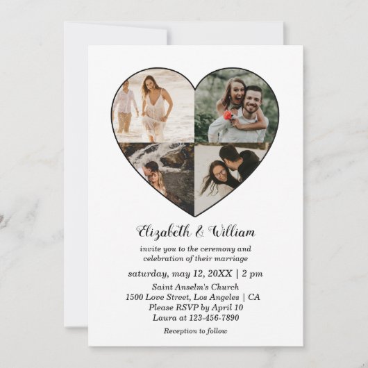 Vier Fotos Collage Heart Frame Wedding Einladung (Vorderseite)
